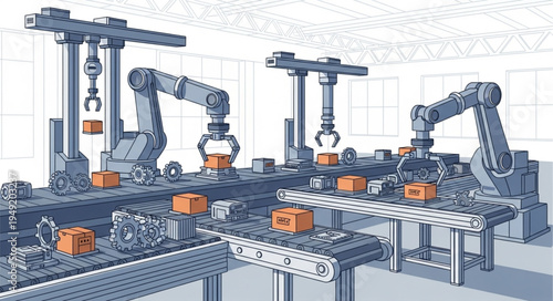 Automated Robotic Arms Working on a Modern Production Line.