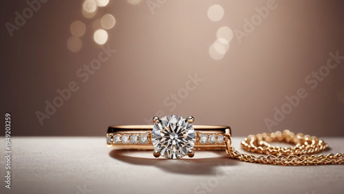 Diamond solitaire engagement ring in rose gold with small side stones and gold chain in warm soft lighting for wedding planning