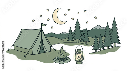 Camping in mountains at night with tent campfire lantern pine trees and starry sky