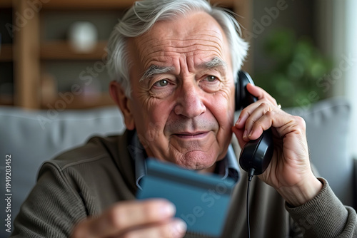 Elderly man falling victim to pension finance scam call, holding credit card