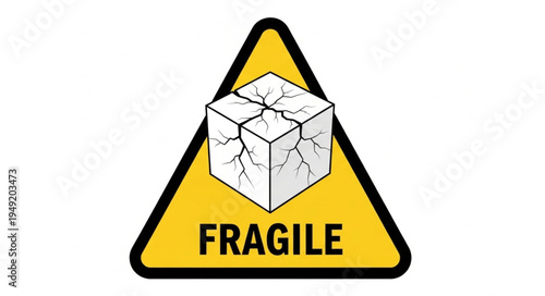 Fragile Warning Symbol With Cracked Cube Illustration.