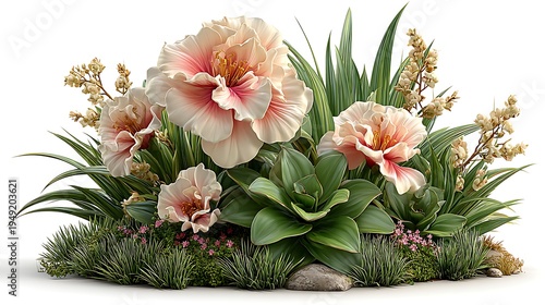 Soft white floral blooms with layered greenery high resolution image