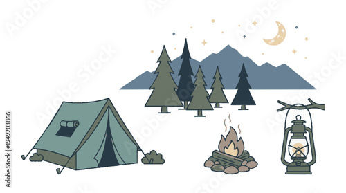 Camping in mountains at night with tent campfire lantern and pine trees under starry sky