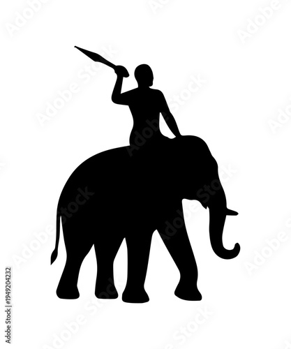 Silhouette of man riding elephant on a white background