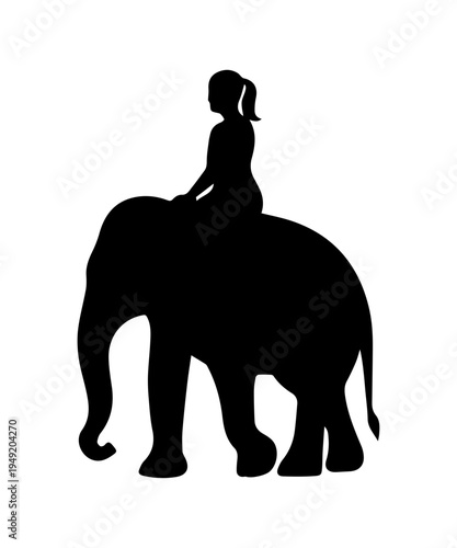 Silhouette of woman riding elephant on a white background