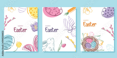 Hand-drawn Easter Greeting Card Collection with Cute Bunny, Decorative Eggs, and Nest  in Soft Pastel Illustration Style. Whimsical Easter Greeting Card Design