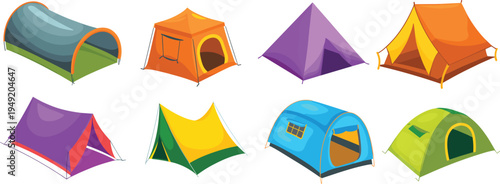 Colorful camping tent collection illustration, different outdoor shelter designs, camping equipment set, adventure travel gear icons, vector style isolated