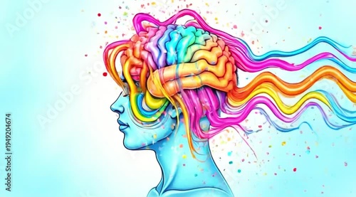 Wallpaper Mural A vibrant video illustration of a woman with colorful swirling thoughts Torontodigital.ca