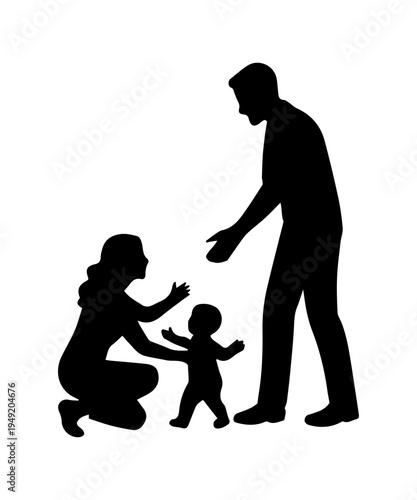 Family silhouette supporting baby taking first steps