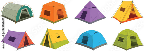 Colorful camping tent collection illustration, various outdoor shelter designs, hiking travel equipment set, adventure camping gear icons isolated