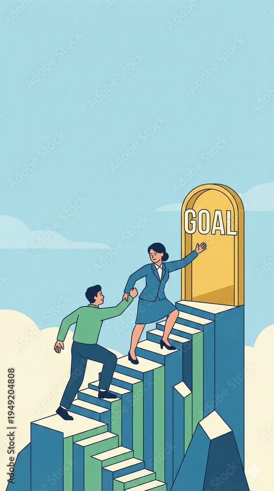 Obraz premium Businesswoman helping a colleague climb a steep staircase toward a golden door labeled goal in a sky background.