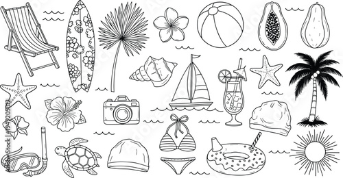 Hand drawn summer beach icons set, featuring surfboard, palm tree, bikini, starfish, camera, and tropical fruit doodles for vacation and travel, design.