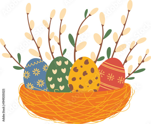 Decorated Easter eggs in straw nest with pussy willow branches, colorful spring holiday illustration, festive greeting card background