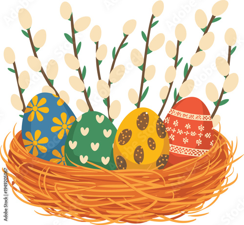 Decorated Easter eggs in nest with pussy willow branches, colorful spring holiday illustration, festive seasonal greeting card background