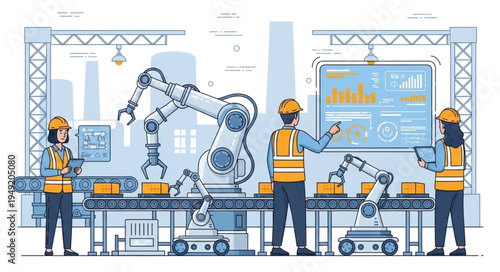 Automated Factory Production Line with Robotic Arms and Workers.