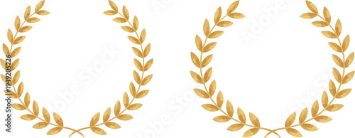 Golden laurel wreath set illustration, victory award symbol, achievement badge element, decorative leaf crown icon isolated on white background