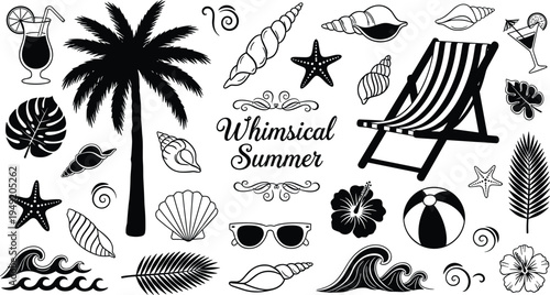 Whimsical summer beach collection with palm tree seashells ocean waves and beach chair in cad drawing flat vector illustration isolated.