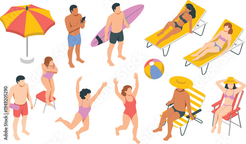 Isometric beach people illustration set, summer vacation characters relaxing surfing sunbathing with umbrella chair surfboard beach ball collection