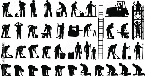 Extensive collection of black silhouettes showing construction workers digging, using tools, operating machinery, and performing site labor for building development projects