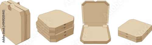 Octagonal cardboard pizza box mockup set, open closed and stacked kraft food delivery packaging containers, blank takeaway box template