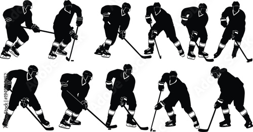 Dynamic ice hockey player silhouettes in action poses with sticks, skating, puck handling, sports teamwork concept, competitive game vector illustration