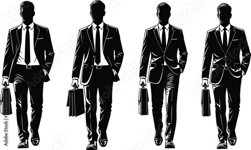 Group of Successful Businessmen Silhouettes Walking Forward Carrying Briefcases for Corporate Leadership Success and Professional Executive Career Development Vector Illustration
