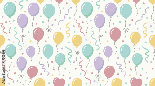 Colorful balloons and streamers seamless pattern for party decoration and festive designs
