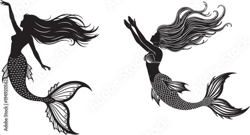 Elegant Mermaid Silhouette Set with Flowing Hair – Fantasy Ocean Siren Vector Illustration.