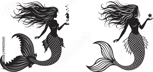 Elegant Mermaid Silhouette Set with Flowing Hair, Sea Star and Seahorse – Fantasy Ocean Woman Vector Illustration.