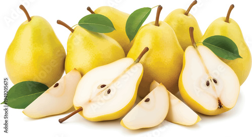 Yellow Pears Sliced Fresh on White Background