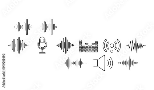 Audio waveform outline icons sound vibration signal music app vector set