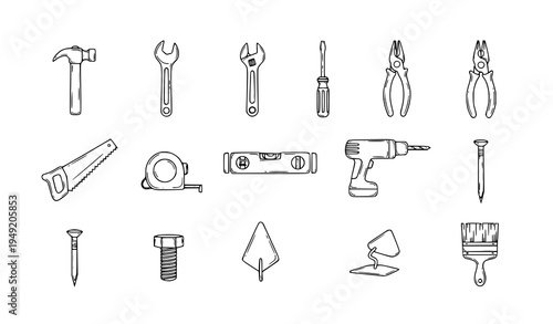 Hand-drawn construction tool icons collection vector doodle set
