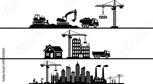 Evolution of urban development showing heavy machinery, house construction, building site with cranes, and a completed modern city skyline silhouette