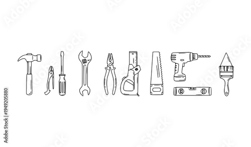 Black hand-drawn construction tool outline icons vector set