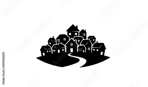 Black village silhouette on hill with houses and curved path vector