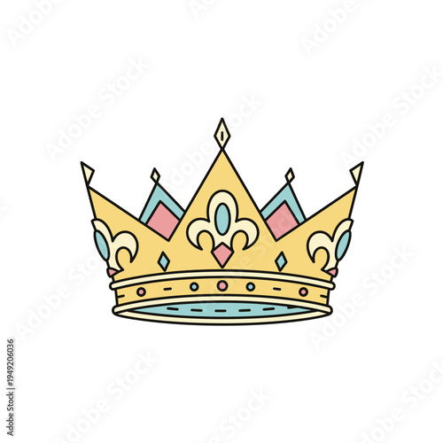 Golden Crown with Pastel Accents, Royal Symbol, Isolated on White