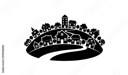 Small neighborhood village silhouette icon black houses on hill vector