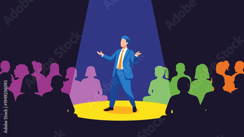 Man Standing on Stage with Audience.