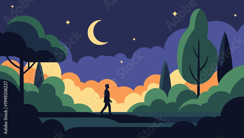 Silhouette of Person Walking at Night.