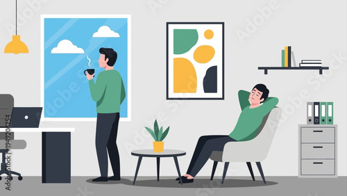 Two Men Relaxing in Modern Office Space.