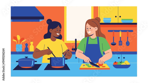 Two Women Cooking Together in Kitchen.
