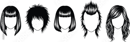 Silhouette vector illustration of five different hairstyles including bob, mohawk, bangs, tousled layers, and wavy hair representing fashion, beauty, and style