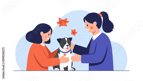 Two Women Petting a Dog Together.