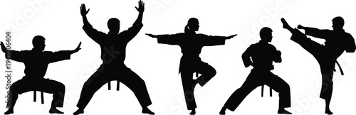 Silhouette vector illustration of five martial arts practitioners in traditional uniforms performing dynamic poses representing discipline, combat techniques, strength, balance, and culture