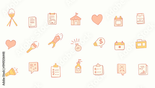 A playful illustration depicting essential elements for marketing and branding. Ideal for representing ideas, campaigns, and positive messaging with a