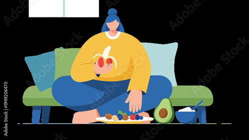 Woman Sitting on Sofa Eating Healthy Food.
