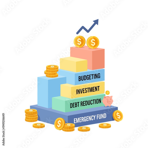 Financial Growth Staircase: Budgeting, Investment, Debt Reduction, Emergency Fund