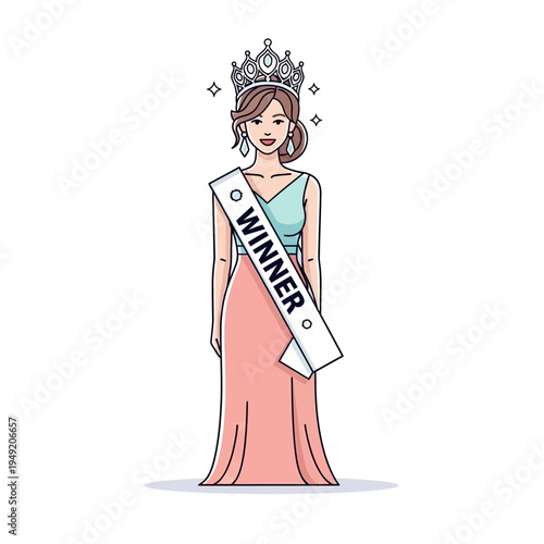 Beauty Pageant Winner with Crown and Sash, Celebrating Victory