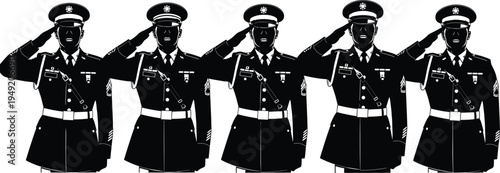 Silhouette vector illustration of five military personnel saluting in uniform representing respect, honor, discipline, patriotism, ceremony, and armed forces
