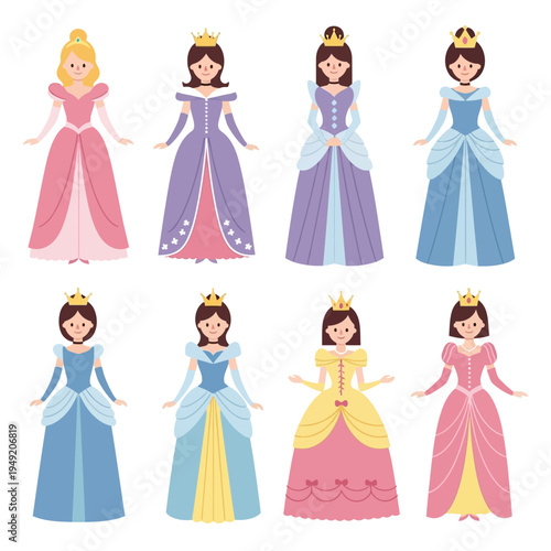 Collection of Diverse Princesses in Elegant Gowns, Fairytale Royalty Icons